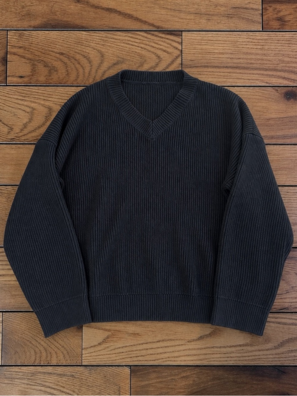 SHEIN Women’s XL Black Ribbed V-Neck Oversized Pullover Sweater
